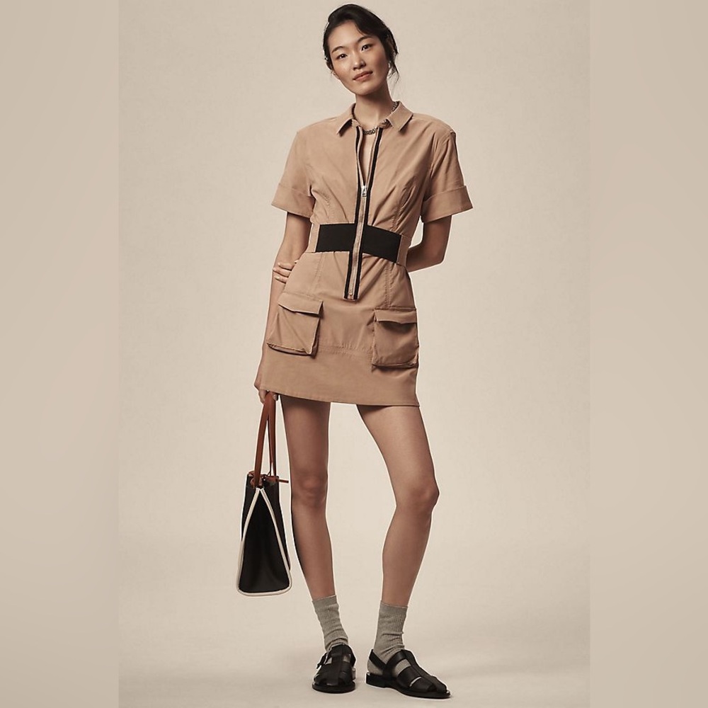 NWT Maeve Tan Short Sleeve Zip-Front Mini Dress